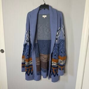 Lucky Brand Cardigan Sweater Blue Aztec Shawl
Collar Open Front